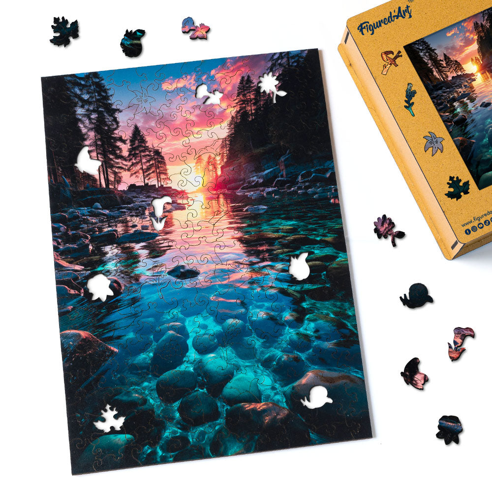 Wooden Puzzle - Sunset Over Crystal Lake