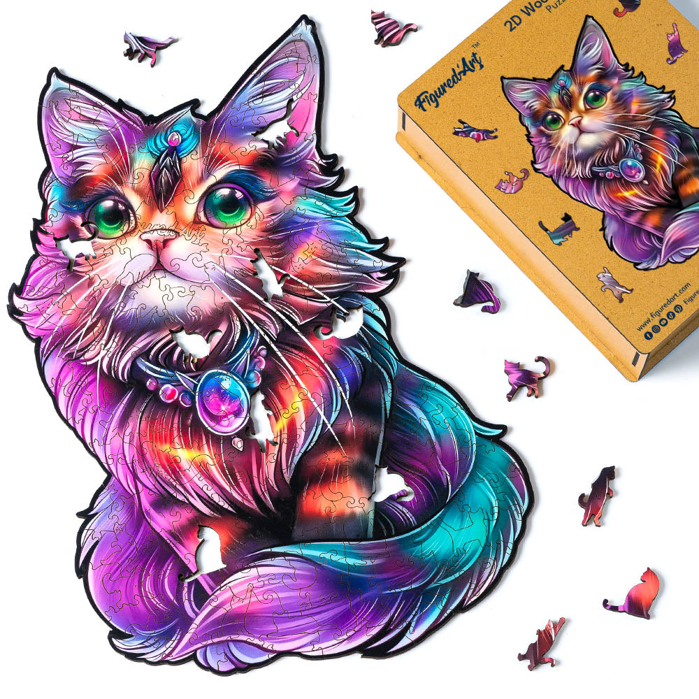 Wooden Puzzle - Colorful Cat with Gem