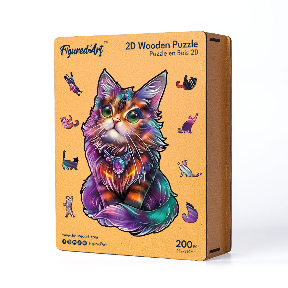 Wooden Puzzle - Colorful Cat with Gem